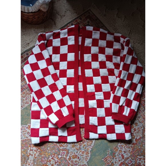 1980s Style Red White Checkered Open Front Cardigan Size L Soft Thick Fabric - Picture 2 of 4